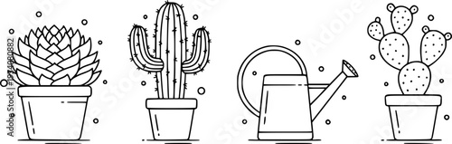 Indoor Succulent and Gardening Icon Set - Cactus, Watering Can and Houseplant Outline Vector