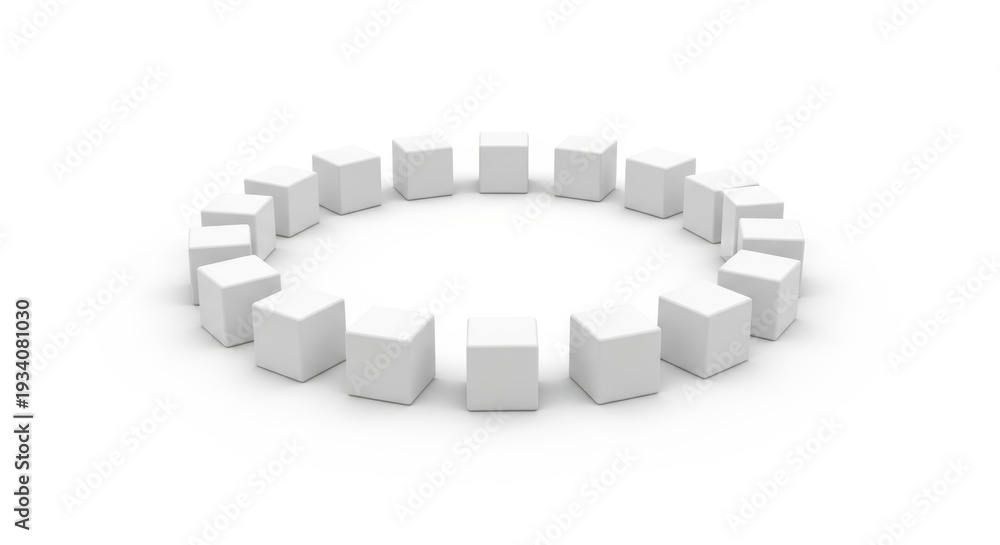 Fototapeta premium Modern circular arrangement of white cubes on plain background