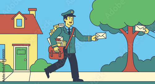 Mailman delivering mail near house on sunny day illustration