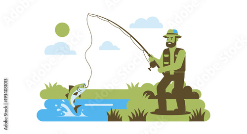 Man fishing with rod and reel catching fish at lake simple vector graphic