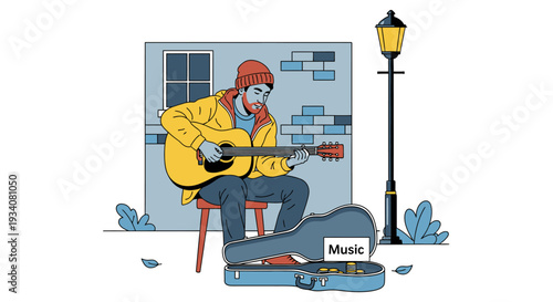 Man playing acoustic guitar outdoors near a lamp post vector illustration
