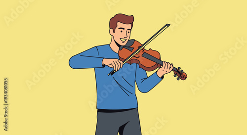 Man playing violin with bow smiling on yellow background