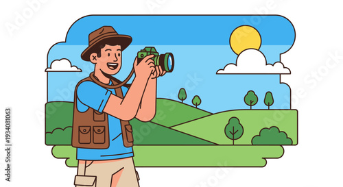Man taking photos of landscape with camera and wearing a hat vector illustration