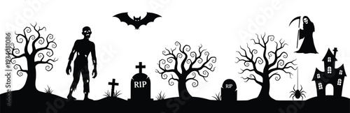 Halloween silhouette illustration, spooky trees, zombie figure, gravestones RIP, flying bat, hanging spider, Grim Reaper scythe, haunted house, eerie atmosphere, flavector