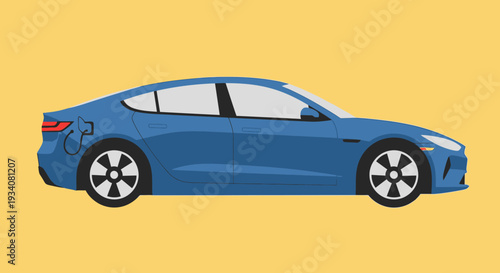 Modern blue electric vehicle side view isolated on yellow background