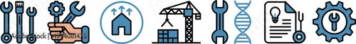 Engineering icons set, construction tools, mechanical repair, biotechnology DNA, innovation gear, infrastructure growth, technical documentation, civil engineering, system maintenance