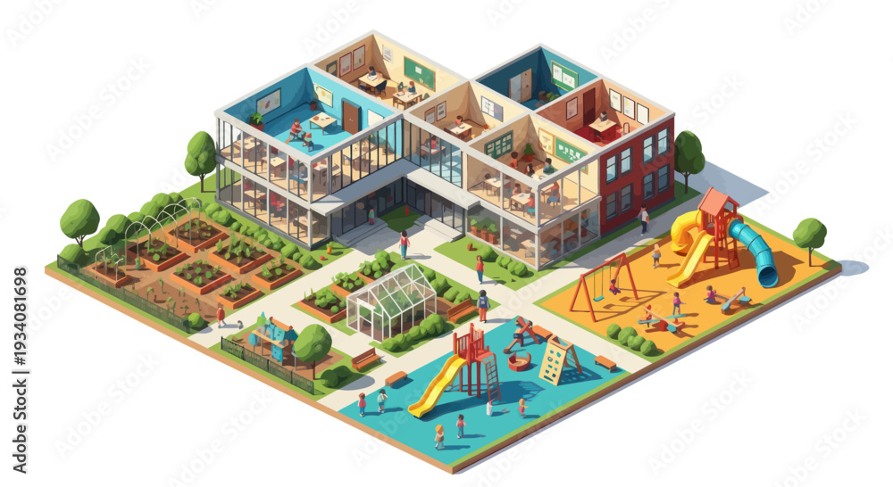 Obraz premium Modern school isometric view with playground, garden, and greenhouse