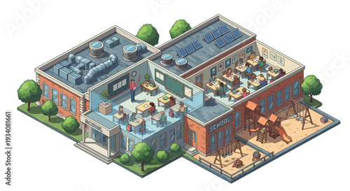Isometric Pixel Art School Building with Classrooms and Playground