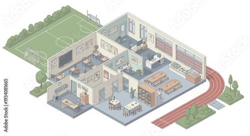 Isometric School Building Plan with Classrooms, Offices, Cafeteria, and Sports Field