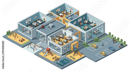 Modern School Building Isometric View with Classrooms, Playground, and Parking Lot