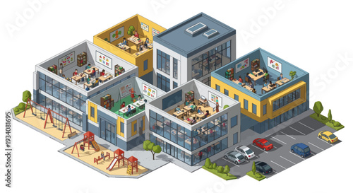 Isometric Pixel Art Office Building Complex with Playground