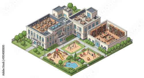 Isometric School Building with Playground and Courtyard - Aerial View