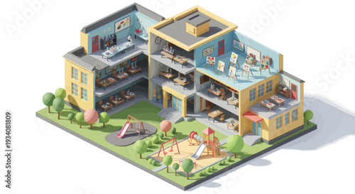 Isometric School Building Cutaway with Classrooms, Playground, and Offices