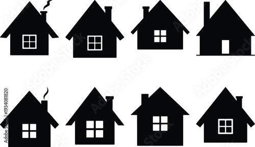 Group of eight black house silhouette icons with varied window patterns and chimney details, presented on a white backdrop.