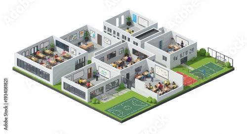 Isometric School Building With Classrooms, Students, Teachers, And Sports Fields
