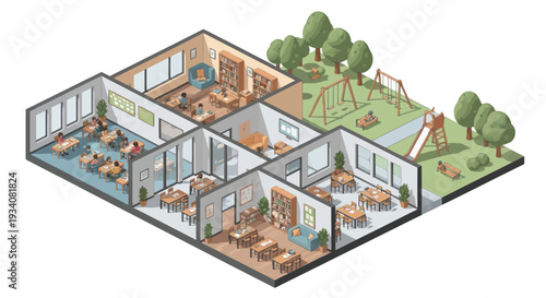 Isometric School Building Layout with Classrooms and Playground
