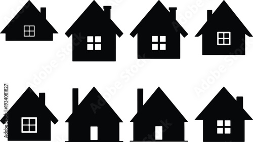 Array of eight black house silhouette icons displaying different window configurations and chimney designs on a white canvas.