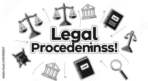 Legal proceedings conceptual illustration with justice symbols and law icons in doodle style.