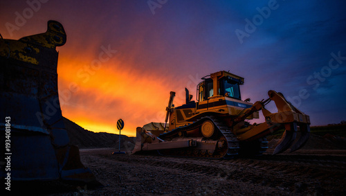 Foto Heavy bulldozer working on a construction site at dramatic sunset with vibrant sky