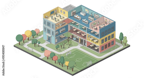 Isometric View of a Modern Office Building with Cutaway Floors and Green Outdoor Space