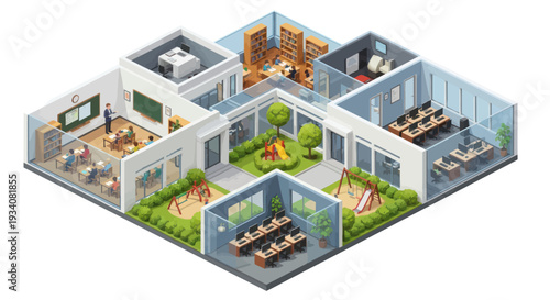 Isometric School Building Floor Plan with Classrooms, Library, Courtyard and Playground