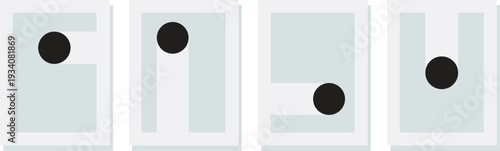 Set of four minimalist wall art designs featuring black circles and light grey geometric blocks. Modern abstract vector illustrations for home decor.