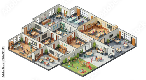 Isometric School Floor Plan with Classrooms, Library, and Playground