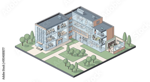 Isometric Office Building Cutaway Showing Interior Spaces and Employees Working