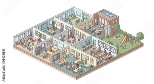 Isometric School Building with Classrooms, Students, and Playground