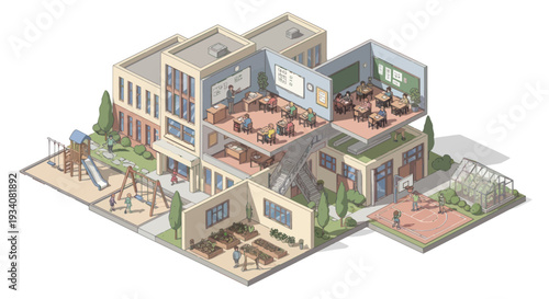 Isometric School Building Cutaway: Classrooms, Playground, Garden, Greenhouse, and Students