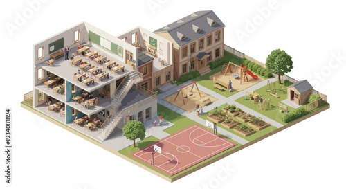 Isometric School Building with Classrooms, Playground, and Sports Court