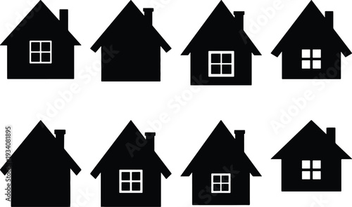 Collection of eight simple black house icons with varying window designs, representing residential buildings and home ownership.
