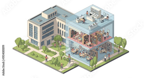 Isometric University Building Cutaway with Students Studying and Researching