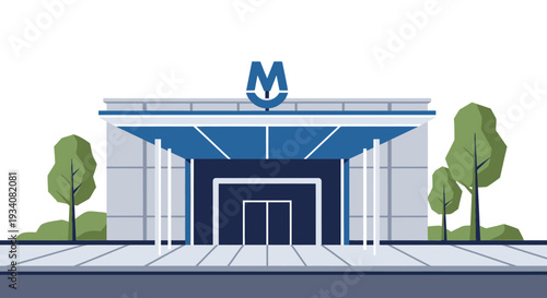 Modern building exterior with entryway and blue accents graphic illustration