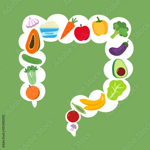 Healthy food for intestinal health in flat design vector illustration.