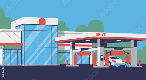Modern car wash station illustration against blue sky background