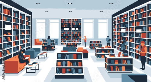Modern library interior with bookshelves and readers vector illustration