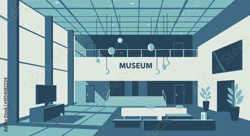 Modern museum interior illustration featuring architectural design and art exhibits