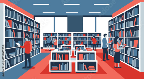 Modern library interior with readers browsing books on shelves