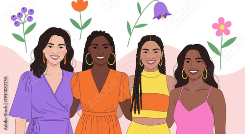 Diverse Group of Smiling Women Illustration with Floral Background - Friendship, Empowerment & Global Community