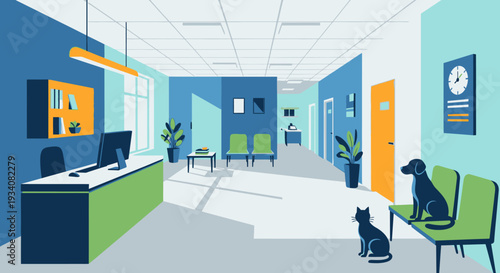 Modern veterinary clinic interior illustration with animal silhouettes and furniture