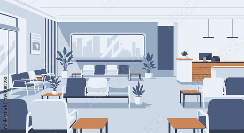 Modern waiting room interior with chairs desk and plants vector illustration