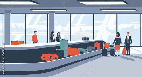 People collecting luggage at airport baggage claim illustrated scene