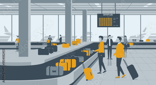 People collecting luggage at airport baggage claim illustrated scene