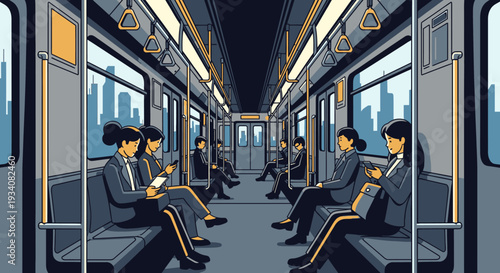People commuting on a subway train illustration for urban transportation concept
