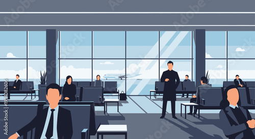 People waiting in an airport lounge with modern interior and airplane