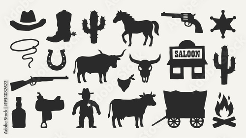 Wild west silhouette collection. Black icons set - cowboy hat, revolver, rifle, sheriff badge, bull skull, cactus, saloon, wagon, campfire, lasso. Vector linocut style minimalist design elements.
