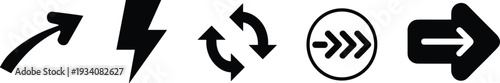 Navigation and action icons set, curved arrow direction, lightning bolt power, refresh synchronization loop, fast forward progression, bold right arrow