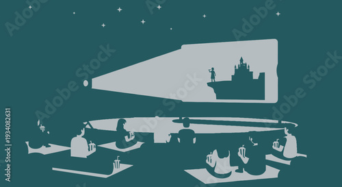 People watching a projected film with starry sky at outdoor cinema