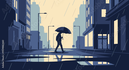 Person walking with umbrella in rainy street illustration cityscape scene